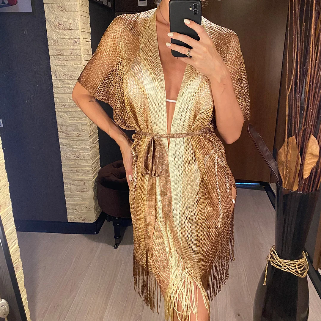 벨트 프린지 태슬 크로셰 니트 튜닉 비치 커버업 여성 비치웨어 비치 드레스