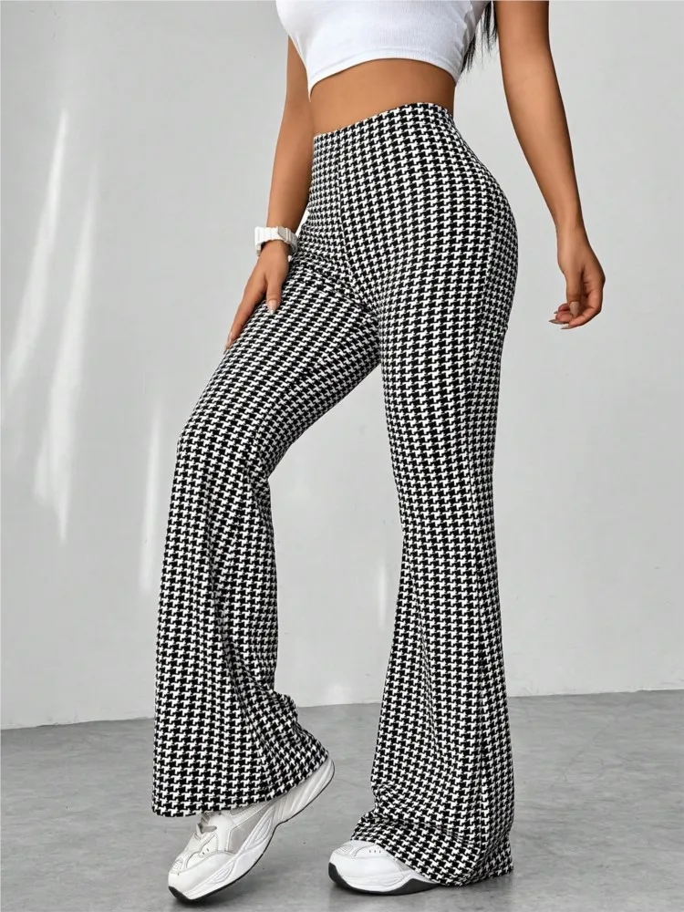 Fashion Retro Solid Color Thousand-bird Check High-waisted Slim Mop Casual Micro Trousers Women's Autumn Casual Versatile Pants