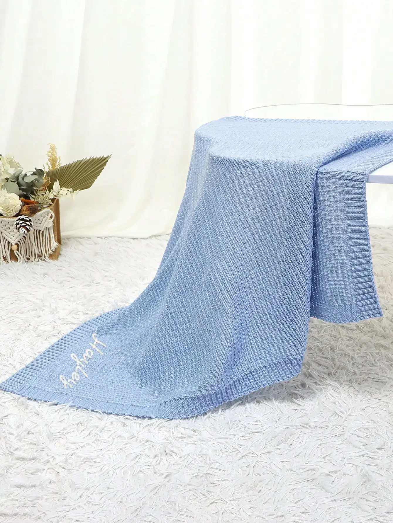 Customized Hand-Embroidered Casual & Minimalist Knitted Blanket For Children, All Season, Multi-Functional, Ornamental, Letter, Stylish, Modern, Cute, Unique, Baby Shower