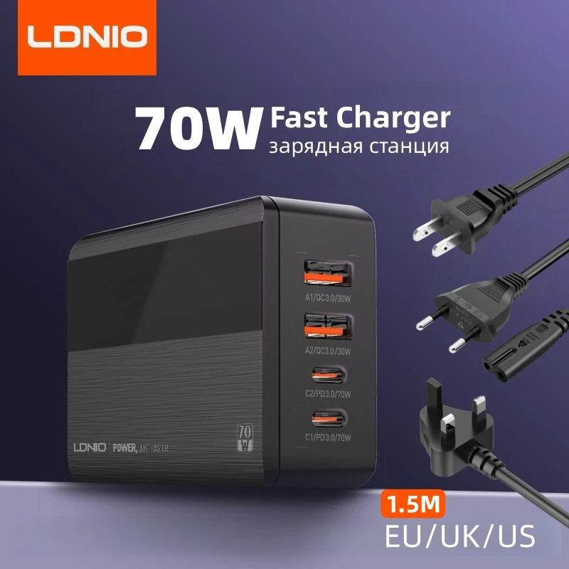 

LDNIO 70 Вт Зарядное устройство для телефона Зарядная станция USB Type C Quick Charge PD для Iphone 17 16 Pro Max Xiaomi 15 Realme Ноутбук Pad Macbook