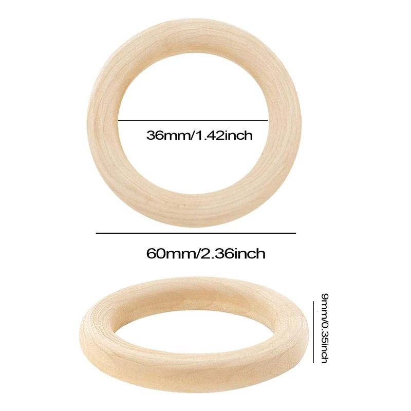 30 Pcs Natural Wood Rings 60mm Unfinished Macrame Wooden Ring Wood Circles for DIY Craft Ring Pendant Jewelry Making