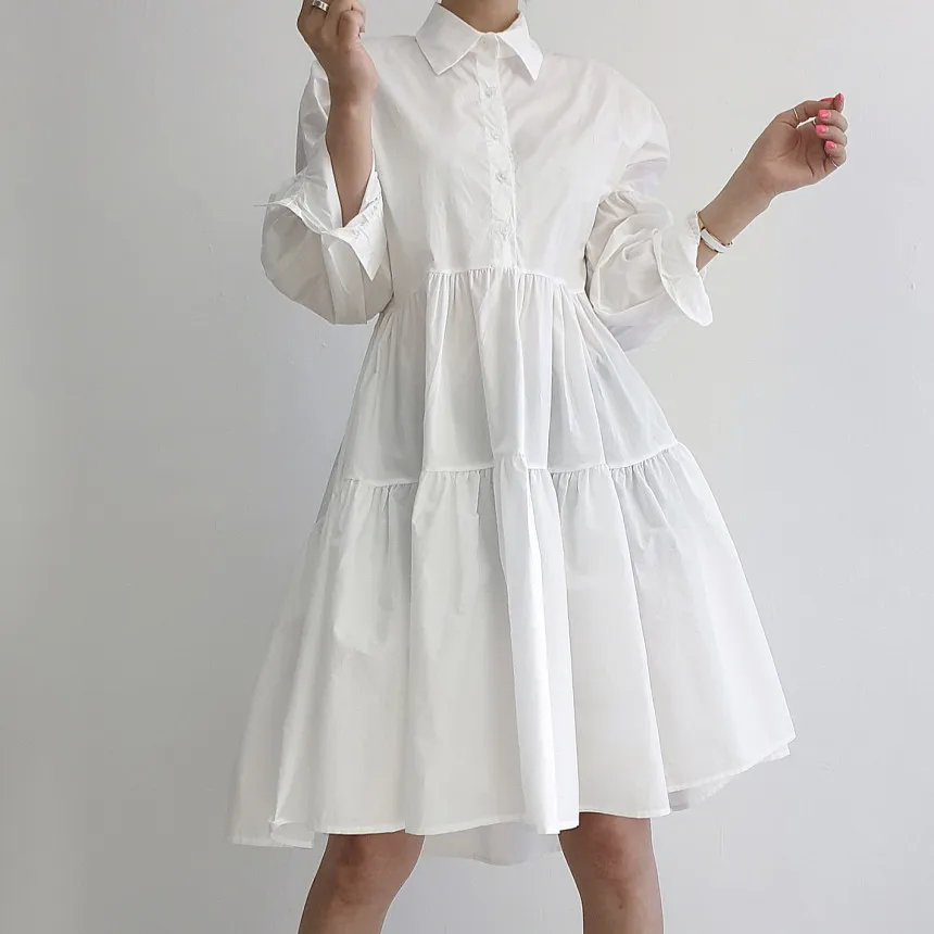 REALEFT, otoño, elegante, manga acampanada, camisas acampanadas para mujer, vestidos con botones y cuello vuelto, vestido informal holgado con paraguas para mujer