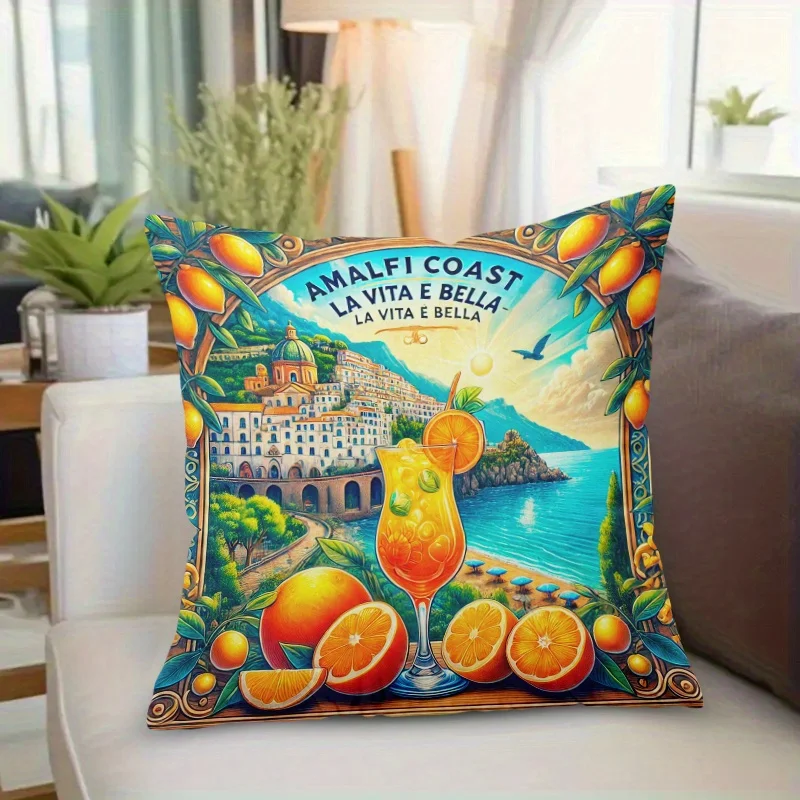 1pc Amalfi Coast Lemon Orange Throw Pillow Cover,Suitable for Sofa,Bedroom,Living Room,A Vacation Style Gift for Travel Lovers