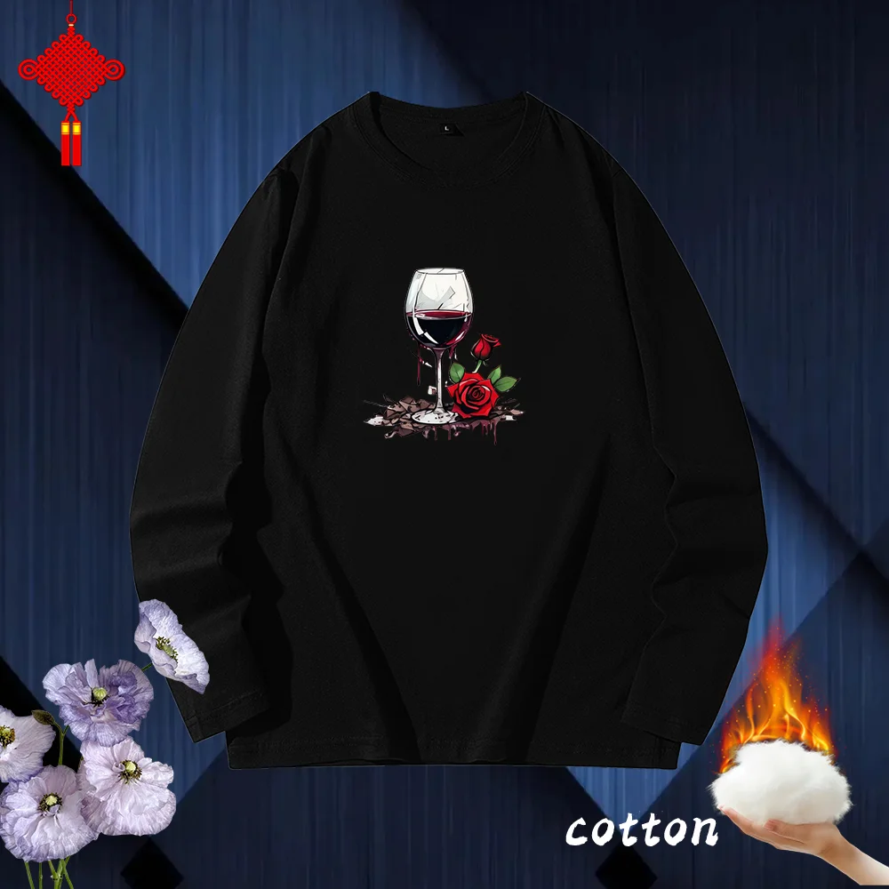 Women's autumn winter long sleeved red T-shirt wine glasses Print T shirt Long Sleeve Crew  loose comfortable pure cotton soft