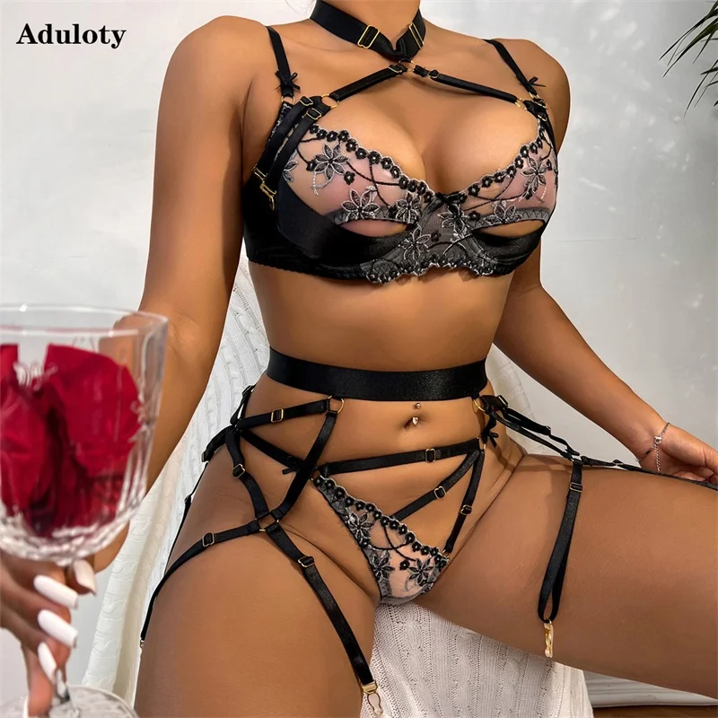 

Aduloty Sexy Lingerie Women's Halter Lace Embroidered Bra Thin See-Through Erotic Underwear Garter Panties Four-Piece Set