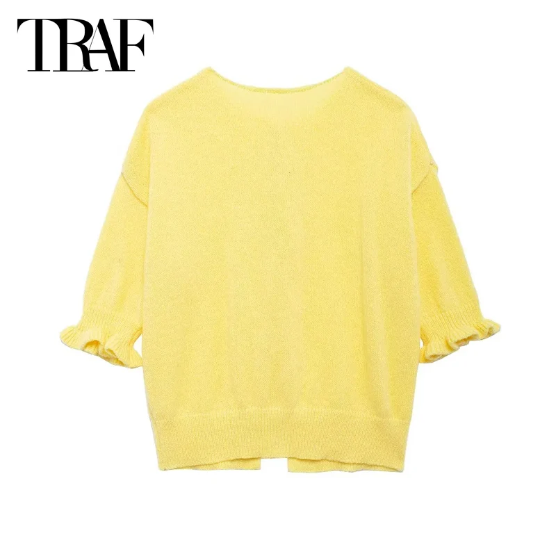 TRAF Yellow Sweater Top Women 2024 Spring Autumn Short Sleeve Butterfly Lace-Up Knitted Top Ladies Fashion Casual Knitwear Top