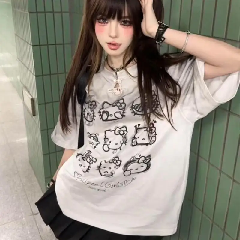 

Sanrio Hello Kitty American Style Cartoon Print T-Shirt Women Loose Casual Round Neck White Tees Simple New Trendy Versatile Top