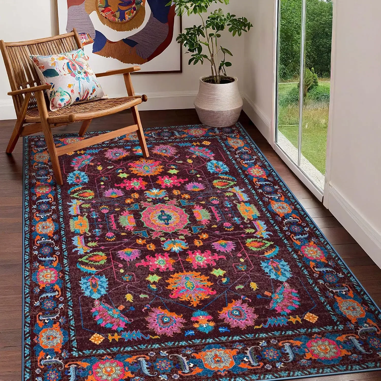 Vintage Persian Rug, Oriental Boho Medallion Print, Non-Slip Washable Soft Mat for Bedroom Room Game Room Indoor Decor