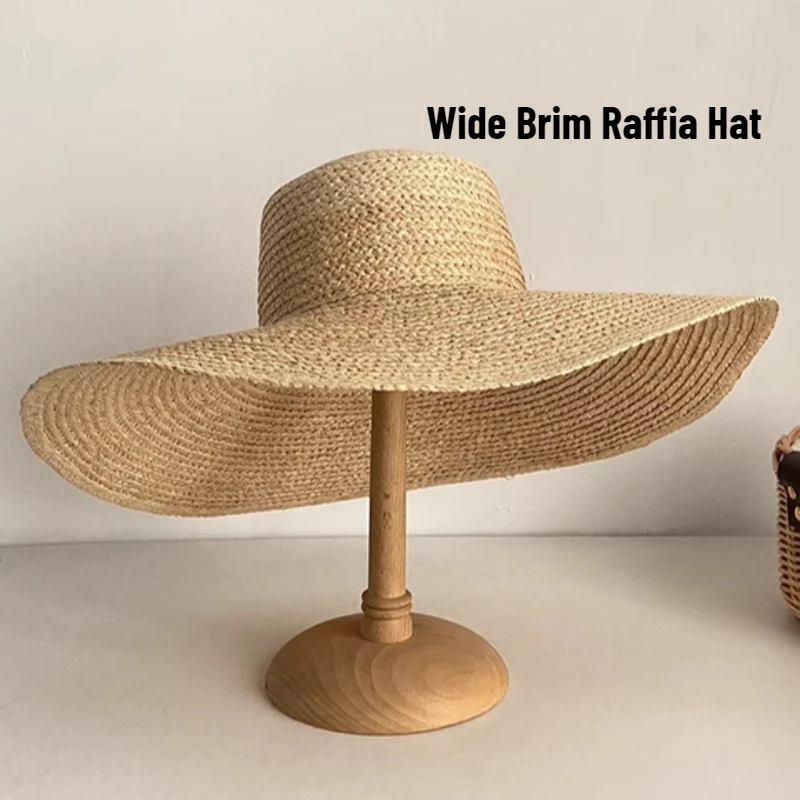 Sombrero de paja de rafia de ala grande con techo plano francés para mujer, sombrero de playa de moda con protección solar para exteriores para niñas, sombreros para el sol