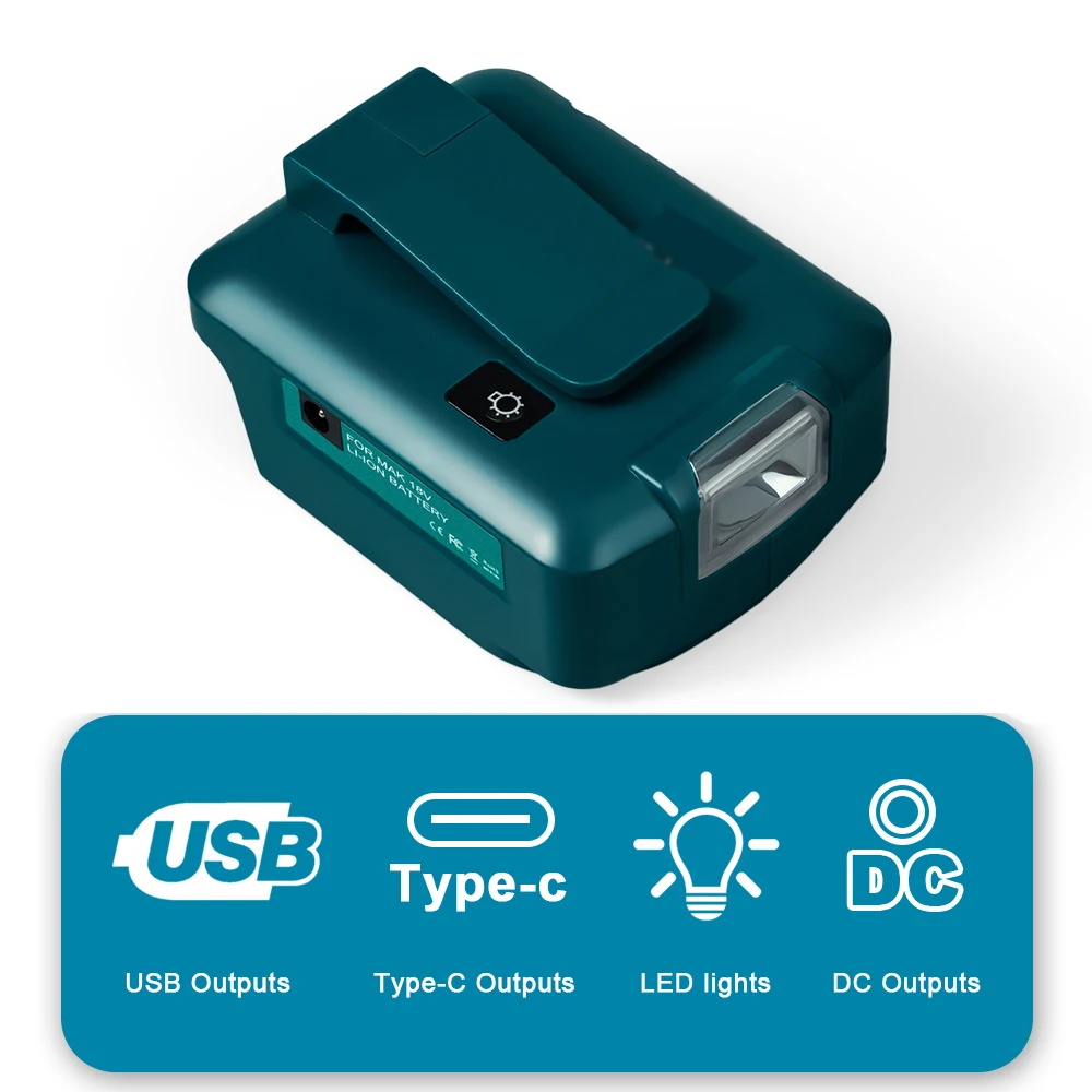 PD22.5W Adapter for Makita 18V battery to DC 12V3A and QC3.0 USB USB C fast charger Worklight