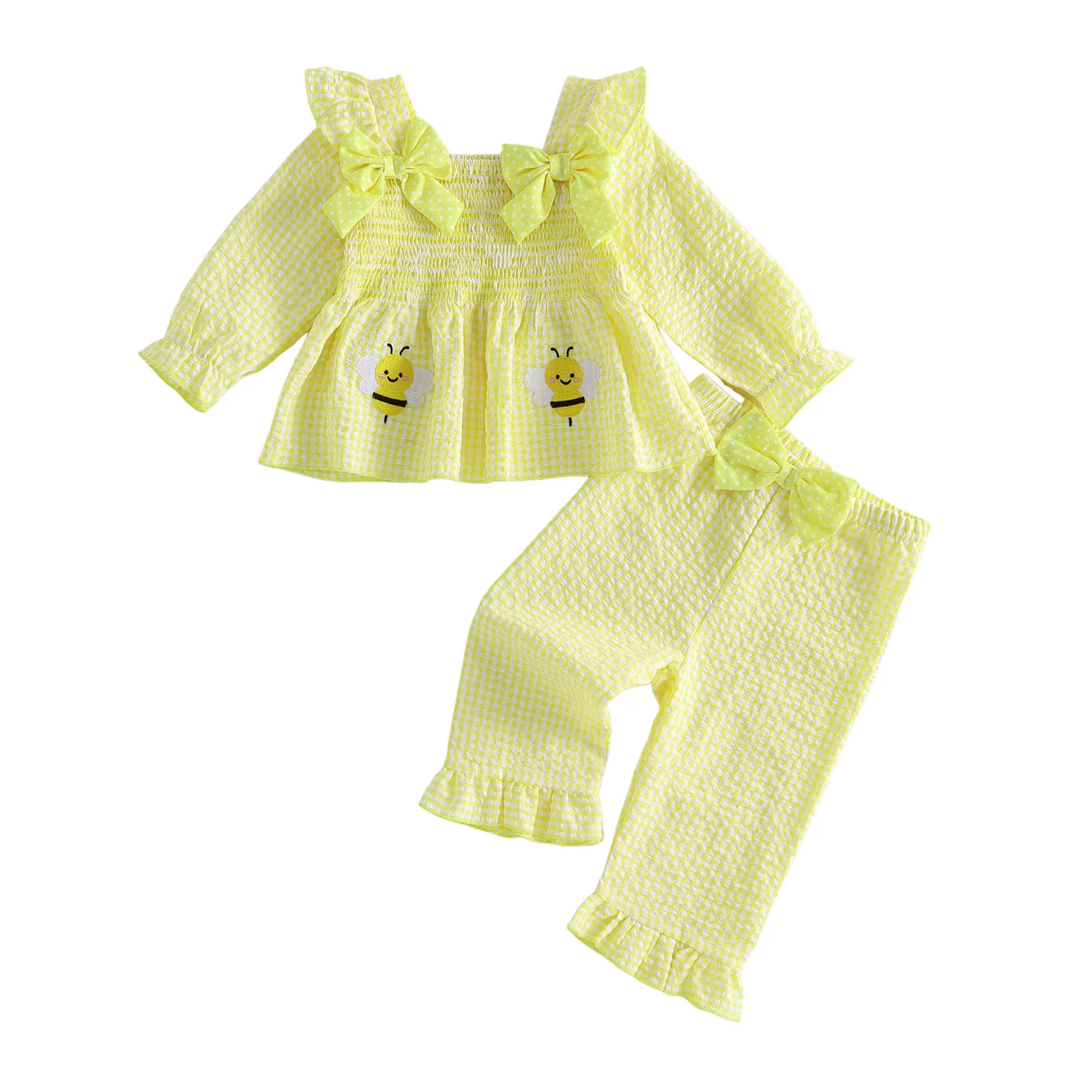 Toddler Baby Girl Plaid Outfit, Smocked Long Sleeve Tops + Pants 2 Pcs Set