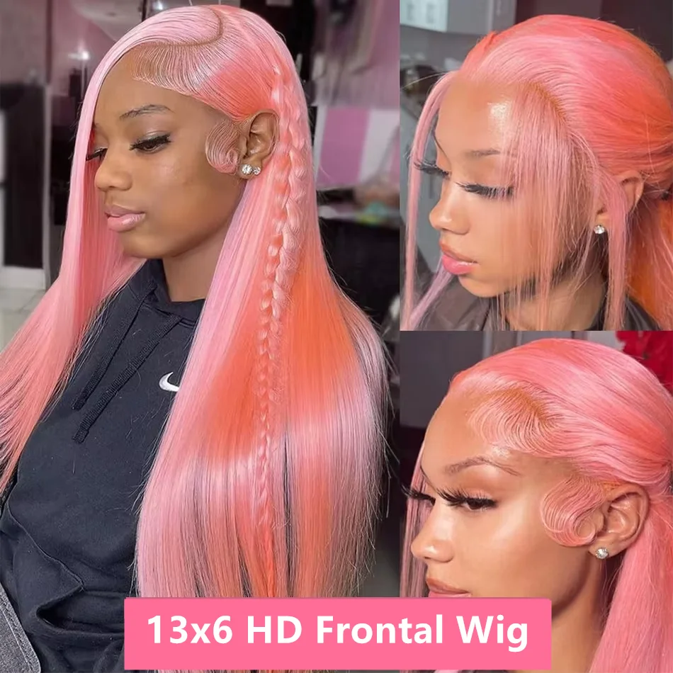 Peruca dianteira do laço rosa cabelo humano 13x6 hd perucas frontais do laço transparente para as mulheres 30 36 Polegada longa reta colorido perucas de cabelo humano