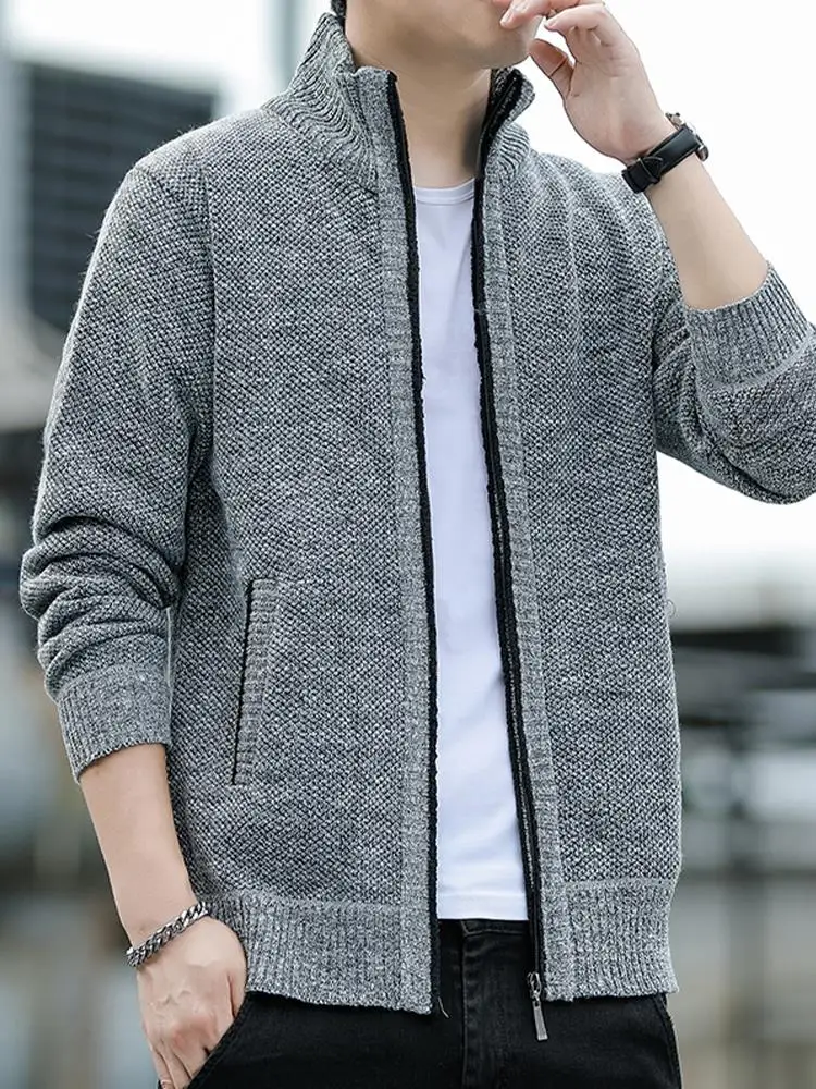 

Мужской вязаный кардиган свободного кроя, повседневный свитер-пальто с воротником-стойкой, осенне-весенний, модный, из полиэфирного волокна, длинный рукав