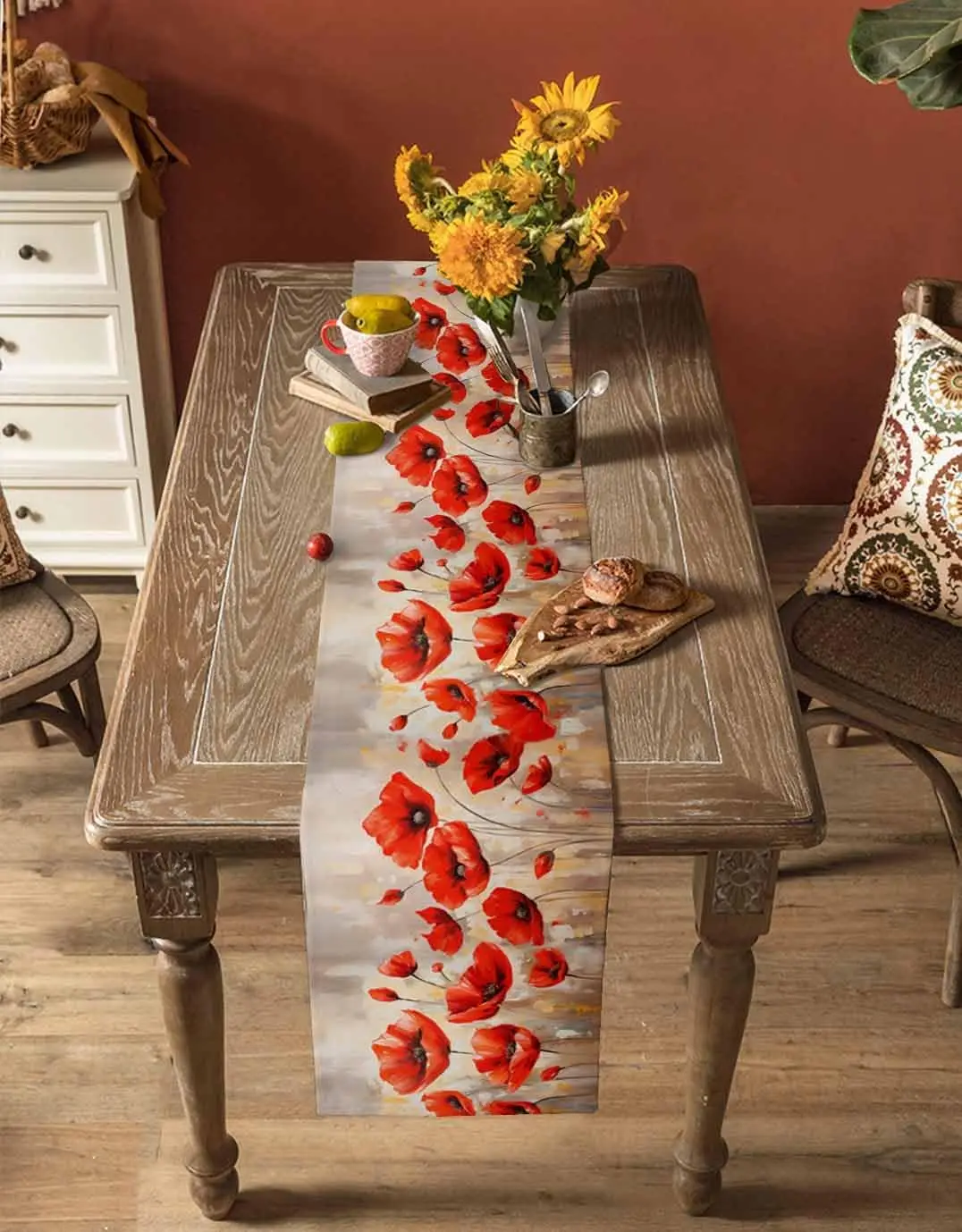 Spring Oil Painting Red Poppy Flowers Linen Table Runners Summer Farmhouse Holiday Wedding Party Decor Dresser Scarf Table Decor