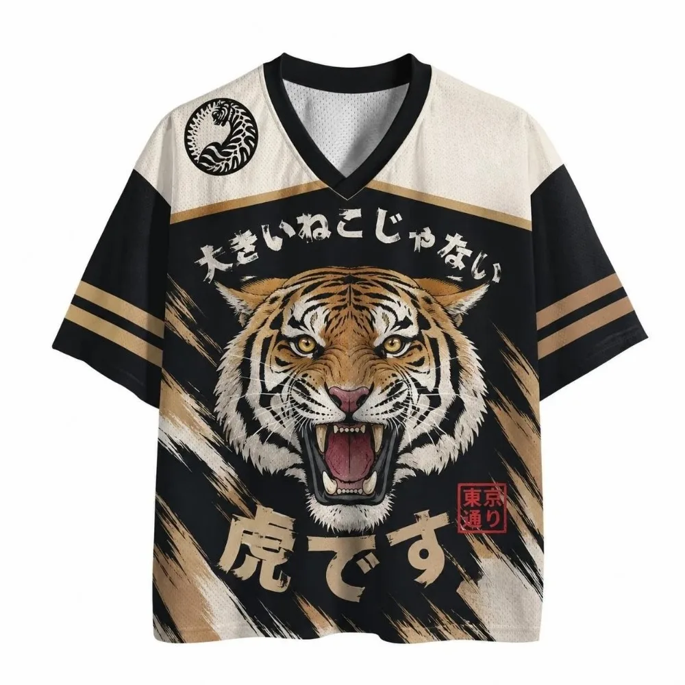 Fashion New Design Japanese Legendary Warrior Tiger 3D Print Men's Women's V-Neck Sport  Loose TShirt Street Y2K Family Clothing
