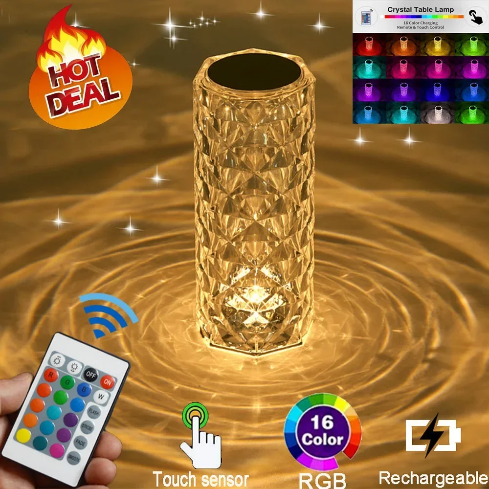 Imagem -03 - Rgb Led Crystal Table Lamp Projetor de Luz Rosa Usb Touch Diamante Romântico Atmosfera Night Light Casa Cores 16 Cores Ajustável