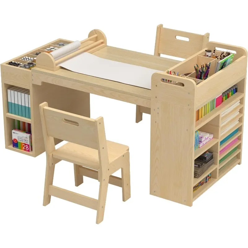 Table and Chair Set with Paper Roll Dispenser and Portable Art Supply Organizer for 4-12 Year Old,Kids Activity Table with Large