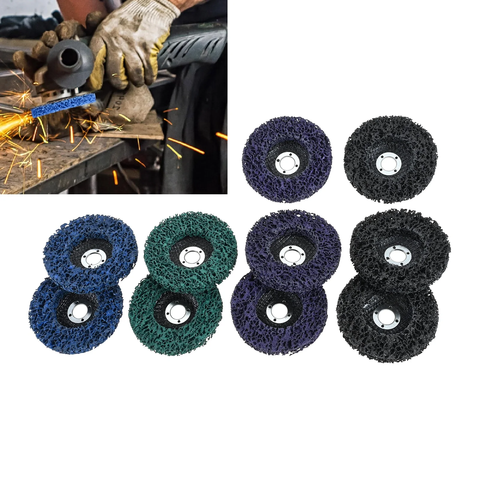 

10 шт. диски для полосок краски, колеса подходят для угловых шлифовальных машин 4 дюйма, 5/8 дюйма, беседка для удаления оксидов металла, дерева, 4 типа смешанных