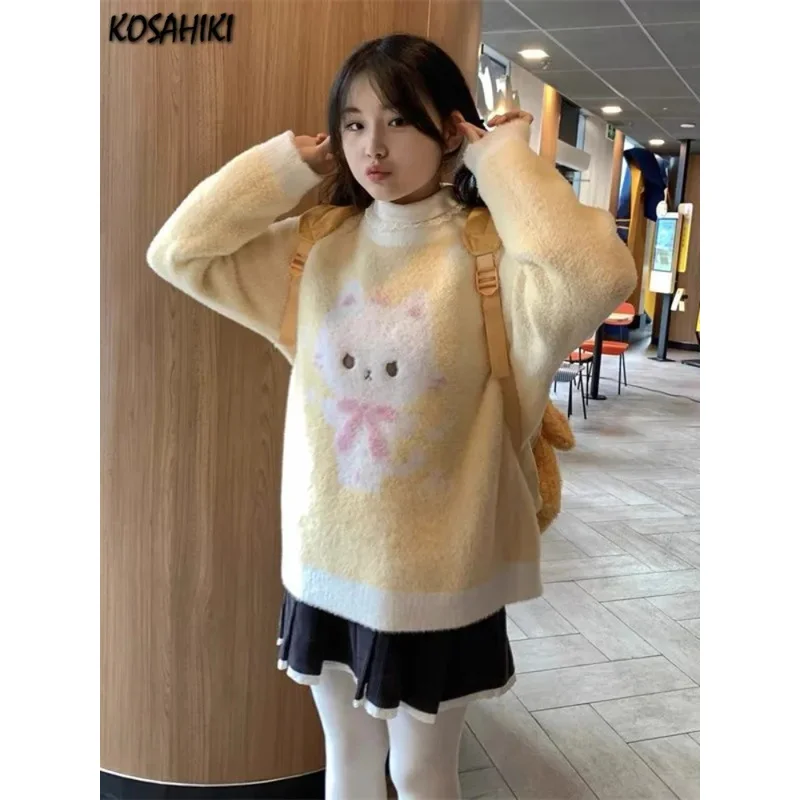 

Женские свитера контрастного цвета в стиле гранж с рисунком кота, японские свободные милые джемперы в стиле каваи, милые простые вязаные пуловеры Y2k Aesthetic