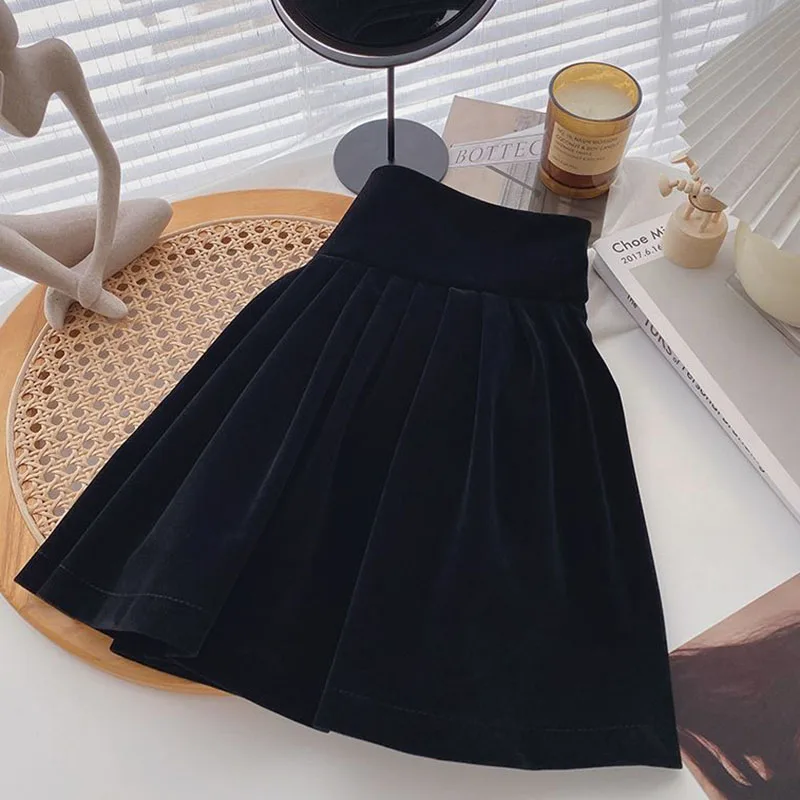 Elegant Black Velvet Skirts Women Autumn Winter Thicken High Waist Pleated Skirts Female Korean Slimming Vintage A-Line Skirt
