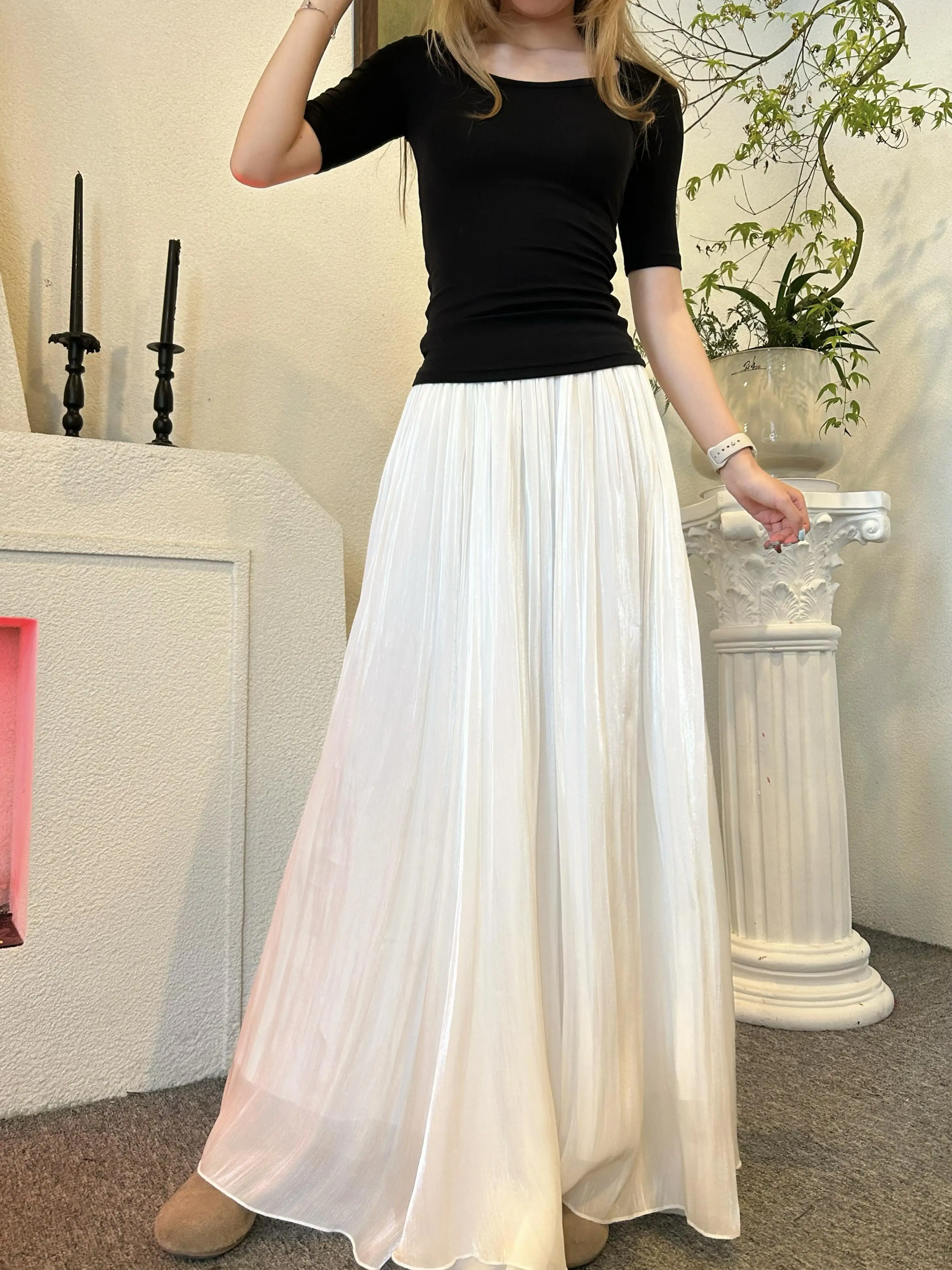 High Waist A-Line White Half Skirt Flowing Gauze Draping Slimming Long Skirt Commute Skin-Friendly Breathable Polyester