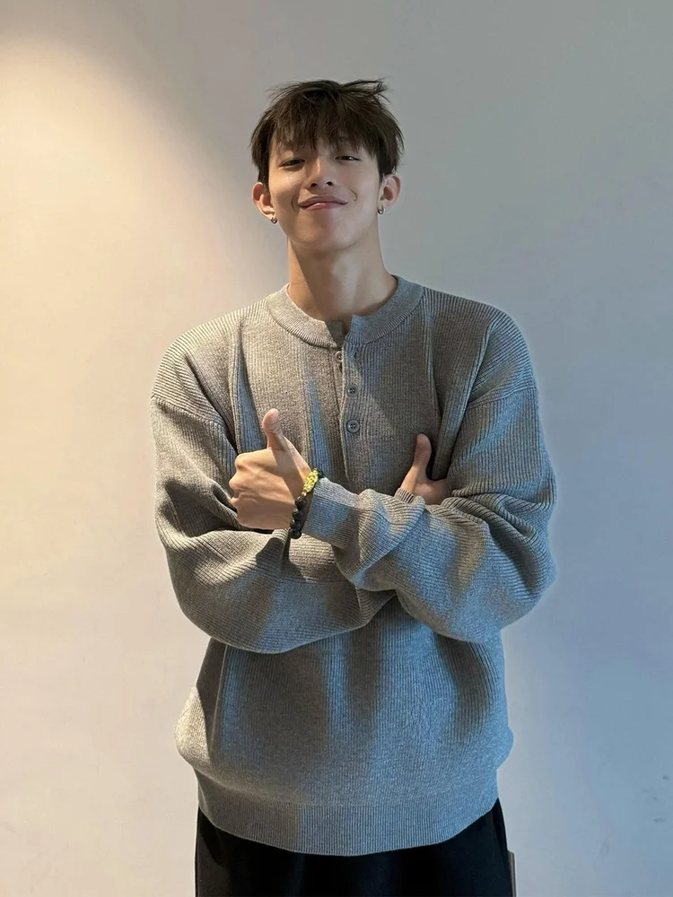 

Light ey American Henry Collar Men's Knitwear Long Sve Base irt Loose Fit Vintage Sle Breathable Polyester