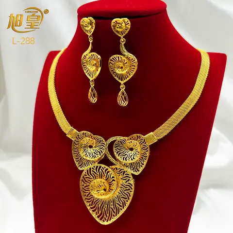 New Dubai Indian African Necklace Earrings Jewelry Set For Women 24K Gold Plated Nigeria Bridal Wedding Party Gift Jewellery
