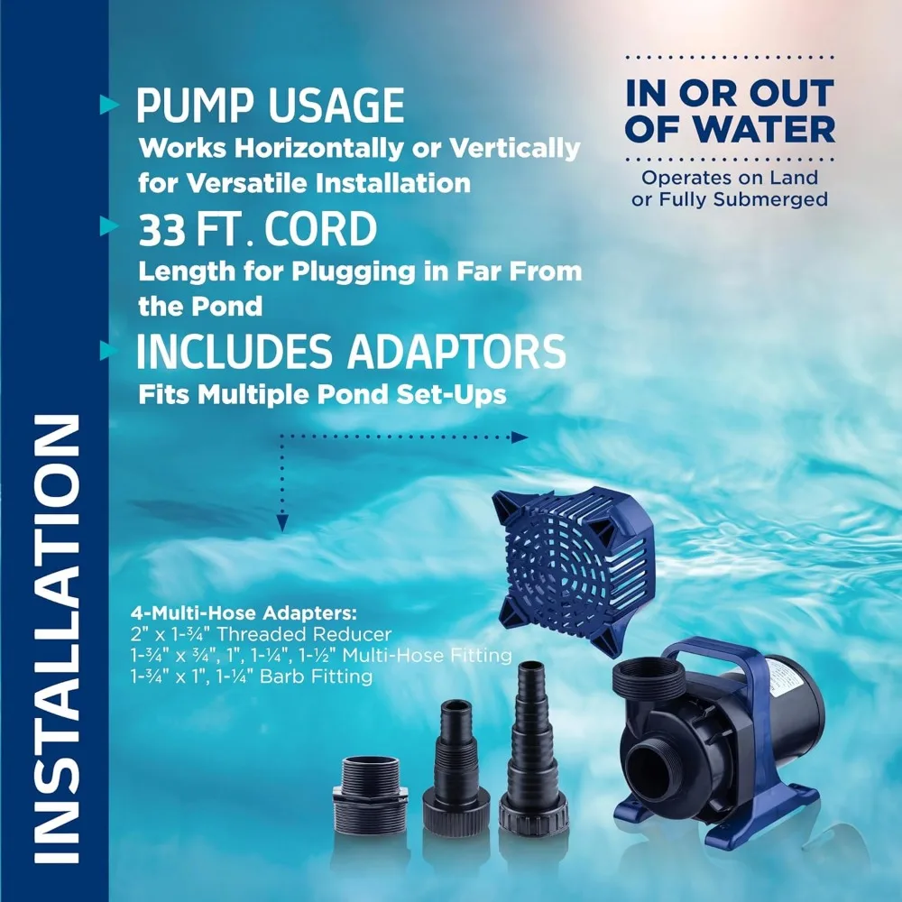 GPH Submersible Water Pump with 33 FT Cord and Adapters for Ponds, Fountains, Waterfalls, and Water Circulation