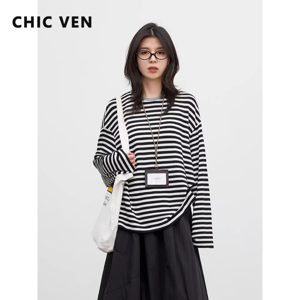 

CHIC VEN Корейские женские футболки свободного кроя, повседневные, в полоску, с круглым вырезом, с длинным рукавом, солнцезащитные, весна-лето 2026