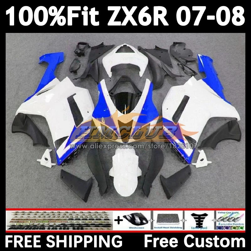 Injection Body For KAWASAKI NINJA ZX 636 6R ZX-6R 2007 2008 157No.42 ZX-636 ZX600 ZX636 ZX-600 ZX6R 07 08 Fairings white blue