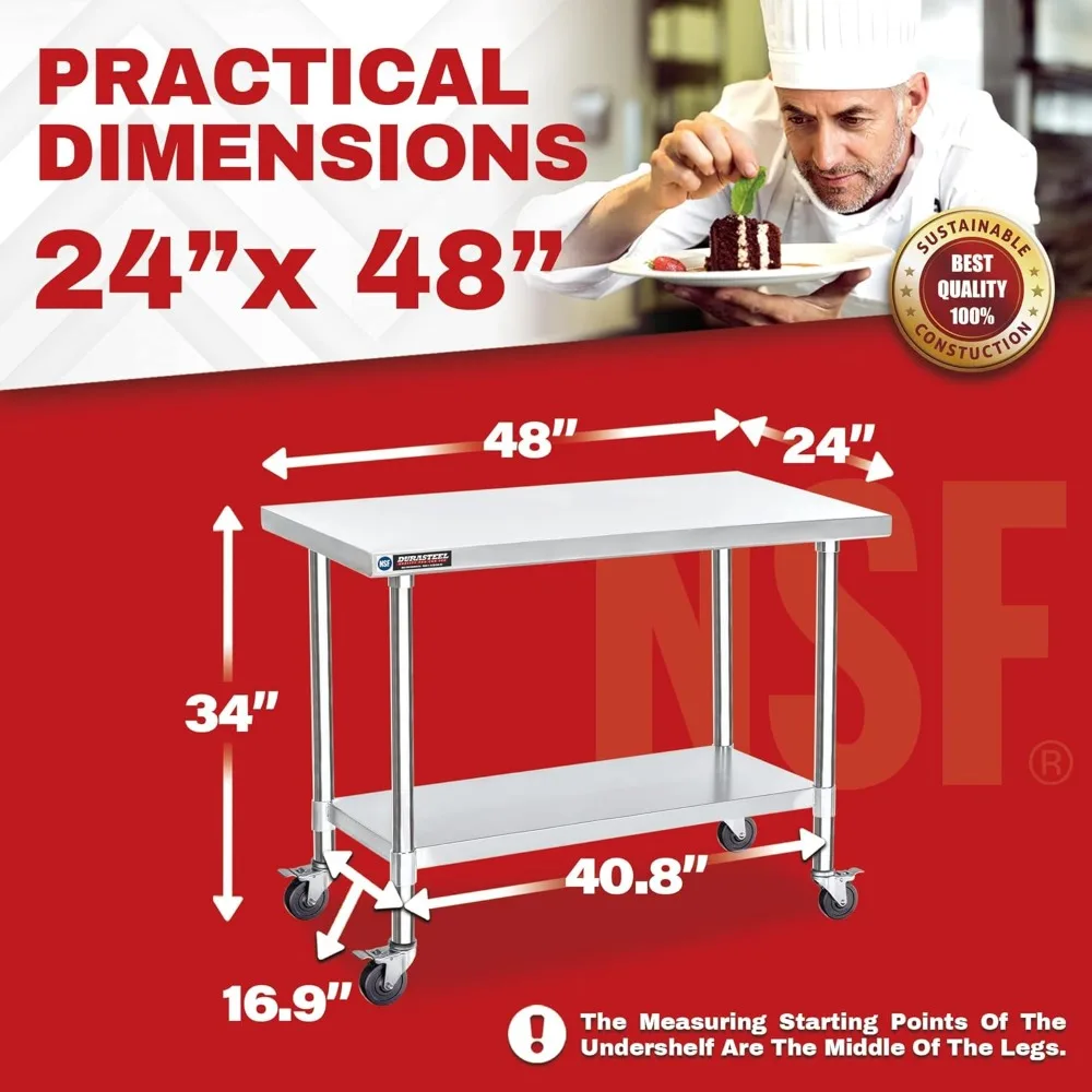 Mesa de acero inoxidable Food Prep - Carro de mesa de metal de 24 x 48 pulgadas - Banco de trabajo comercial con ruedas - Certificación NSF Plata