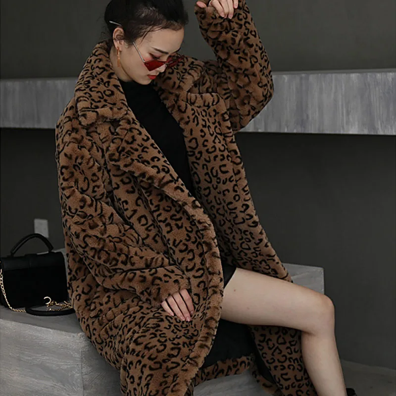 1.7kg-1.9kg Weight Winter Thick Warm Leopard Long Teddy Fur Coat Women Outerwear Loose Suit Collar Faux Rabbit Fur Jacket Female