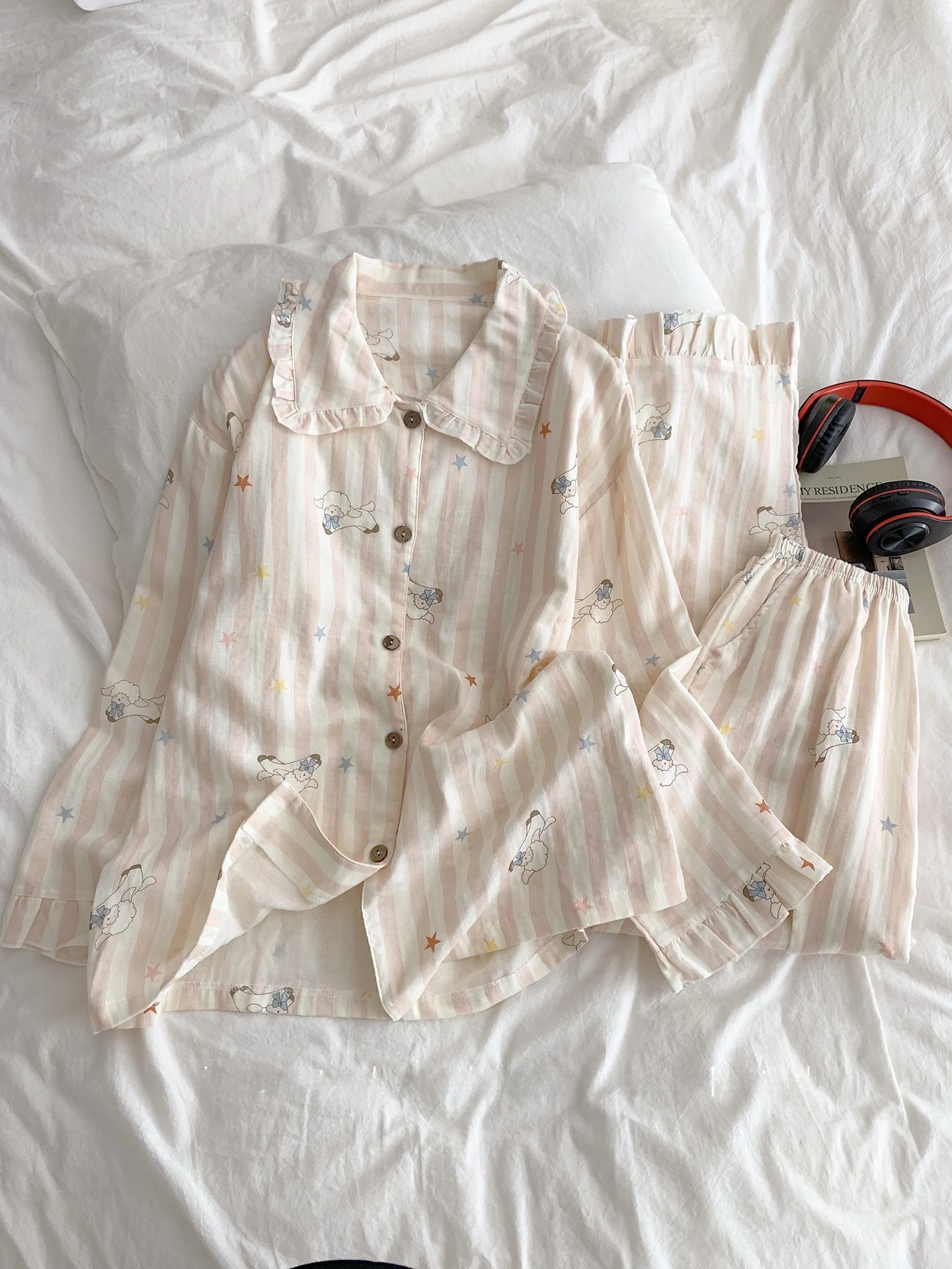 cartoon-doll-collar-lace-trim-double-layer-cotton-nightgown-women's-long-sleeve-home-clothes-autumn-pink-stripes-sleepwear