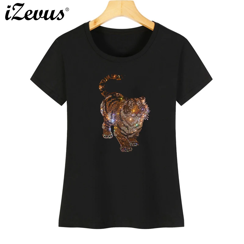 

A fashionable women's summer short-sleeved pure cotton casual T-shirt with a rhinestone embossed diamond tiger design