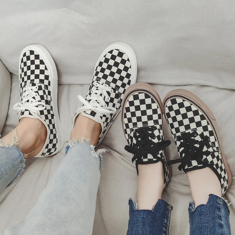 35-44 Unisex Checkered Sneakers Lace Up Women Black White Plaid Canvas Shoes Students Flat Summer Casual Shoes Couple Basic Shoe