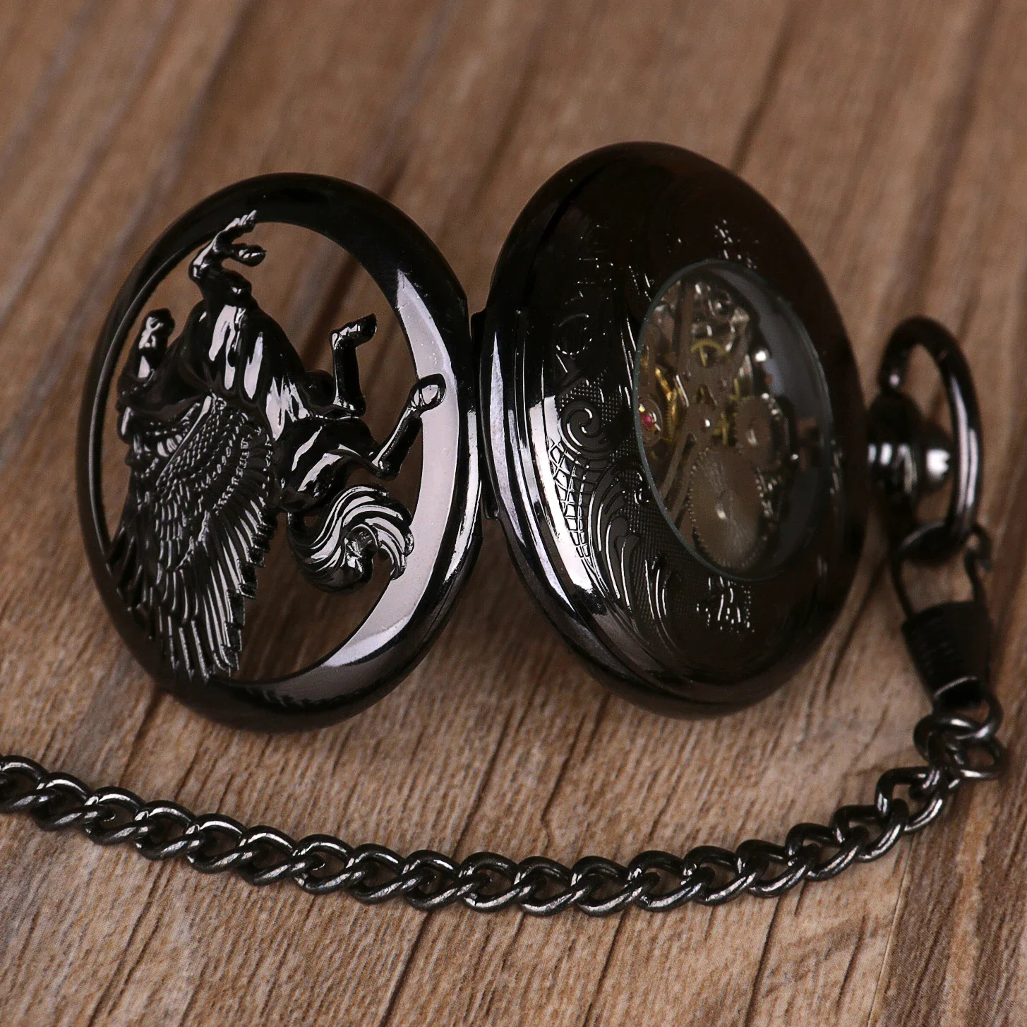 Vintage Charm Black Fashion Hollow Skeleton Mechanical Steampunk Pocket Watch Women Man Hand Wind Fob Watch Pendant With Chain