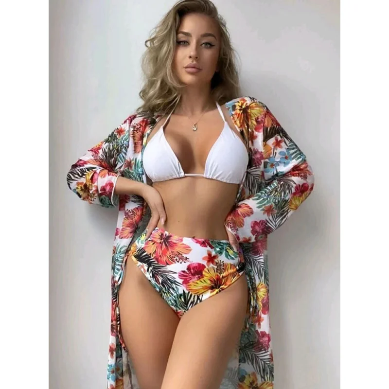 Dreiteiliger Badeanzug für Damen, trennt Bikini, bedruckt, Kordelzug, hohe Taille, Dreieckshose, lange Badebekleidung