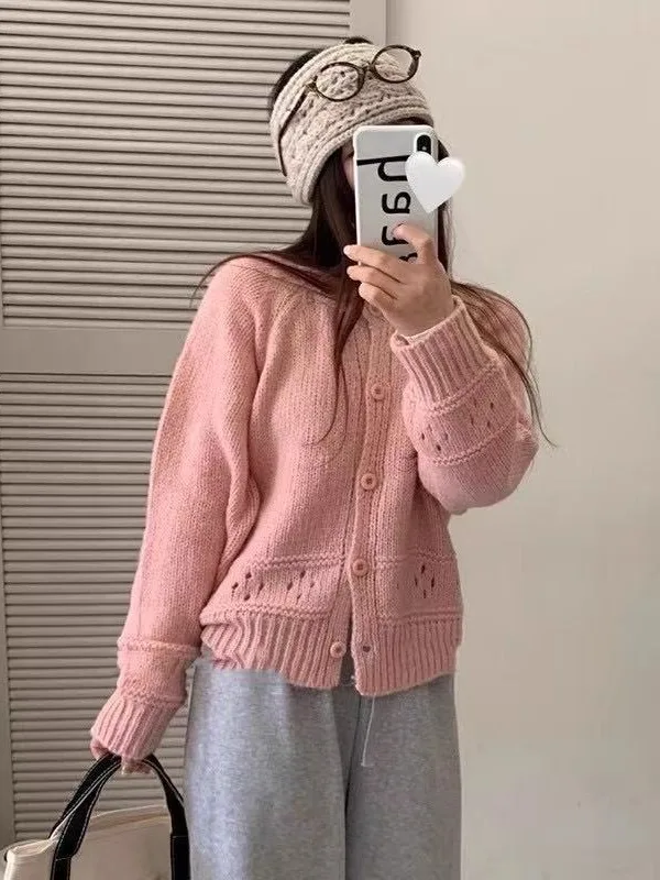 

Sweet Pink Lace Hook Knit Sweater Cardigan Women's Loose Spring Autumn Soft Thin Knitted Top Coat round Ne Long Sve
