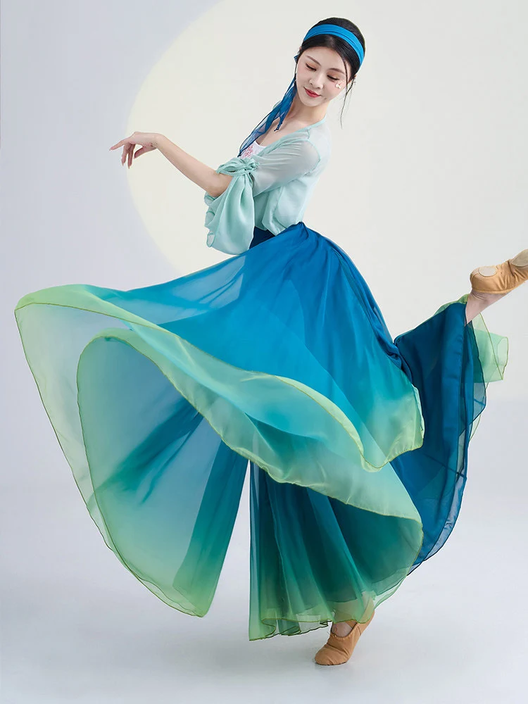 720 Degree Classical Chinese Dance Skirt Double Layer Gauze Gradient Green Blue Flowing Stage Performance Long Dress Costume Wom