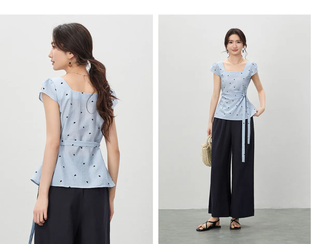 SENTUBILA Damen Chiffonbluse mit Herzmuster, Sommer, Gelb, Quadratischer Ausschnitt, Plissiert, Geraffte Taille, Kurzarm-Hemd 162VB5766 – Detail 21