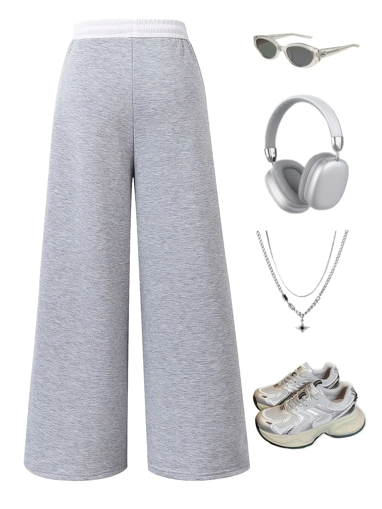 Y2K Mädchen Jogginghose in Heather-Grau mit Seitenstreifen, weitem Bein, Kordelzug in der Taille, locker geschnitten, lässige Streetwear für 4-12 Jahre – Detail 2