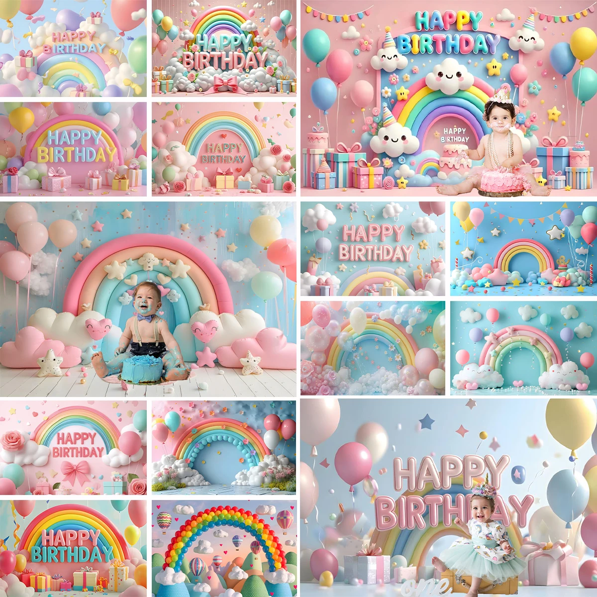 

3D Balloons Rainbow Happy Birthday Decor Photography Backdrop Colorful Rainbow Balloons Girl Boy Birthday Party Photo Background