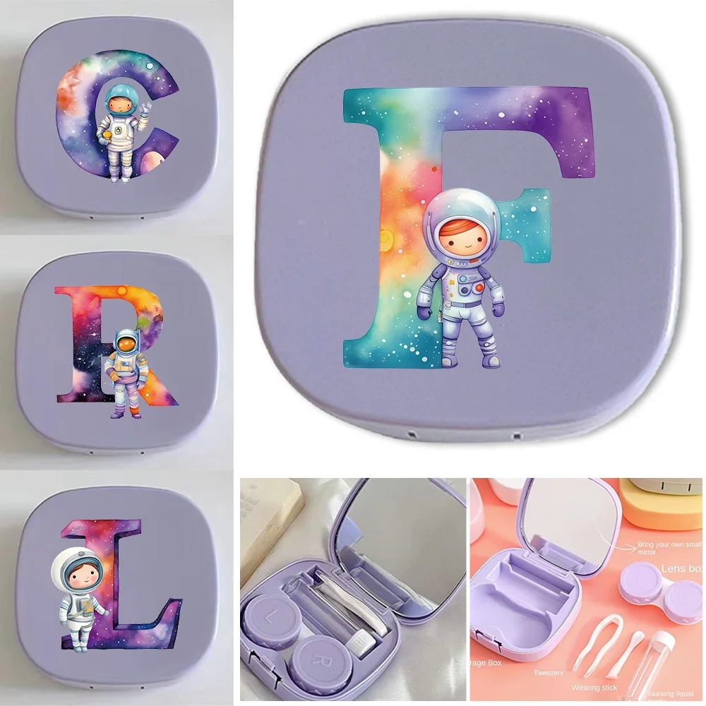 Contact Lens Organizer Holder Case Easy To Carrying Cosmetic Contact Lenses With Nursing Solution Box Astronaut Letter Pattern