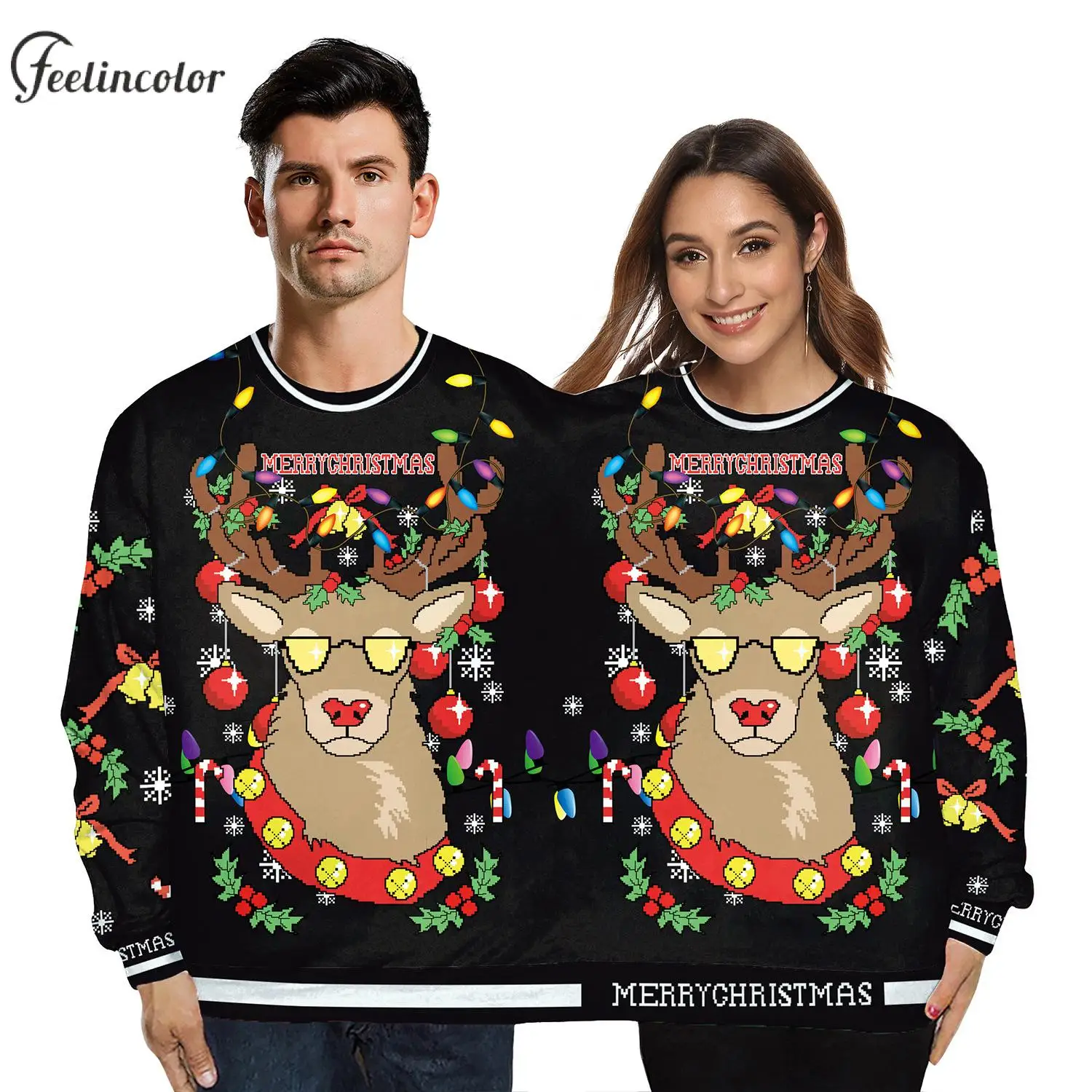 Two Person Christmas Sweatshirt Men and Women 3D Printed Crewneck Pullover Funny Novelty Streetwear Long Sleeve Couple Clothing