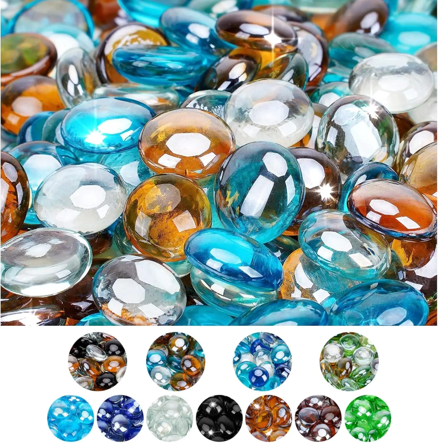 Cuentas de Vidrio de Fuego Mezcladas de 10 Libras, 1/2 Pulgada, Alto Brillo, Colores Mixtos para Chimenea y Hoguera, Azul Caribe, Hielo Cristalino, Caramelo
