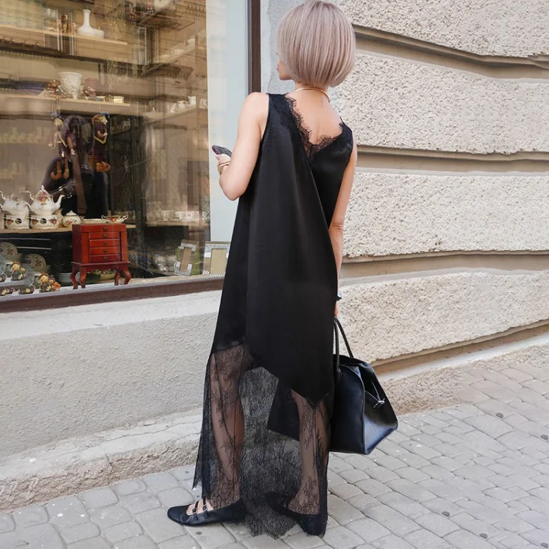 Talenza noir Satin dentelle robe élégante nouvelle dentelle Patchwork transparent robe sans bretelles mode décontracté fête Sexy femmes robes