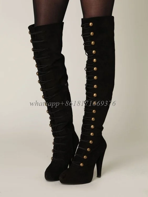 Luxury Leather Platform Sexy Over the Knee Boots Round Toe Lady Stiletto High Heel Boots Lace up Decor Dress Fall Women Shoes