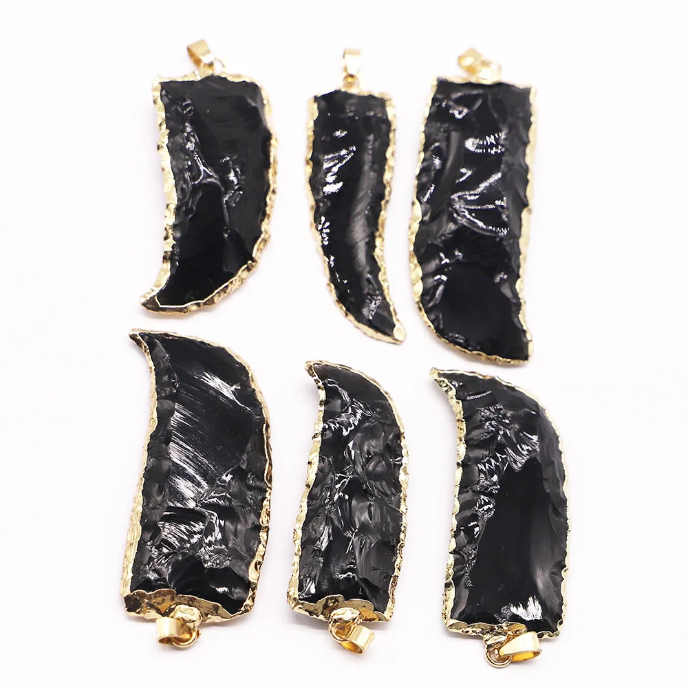 Natural Obsidian Arrow Rough Stone Pendant Necklace Mineral Healing Golden Side Glamour Charm DIY Fashion Jewelry Wholesale 2Pcs