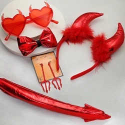 Halloween Devil Cosplay Costume Accessories Fluffy Ears Stretchy Headband Bowtie Bendable Tail Set Devil Horns Headband Kit Prop