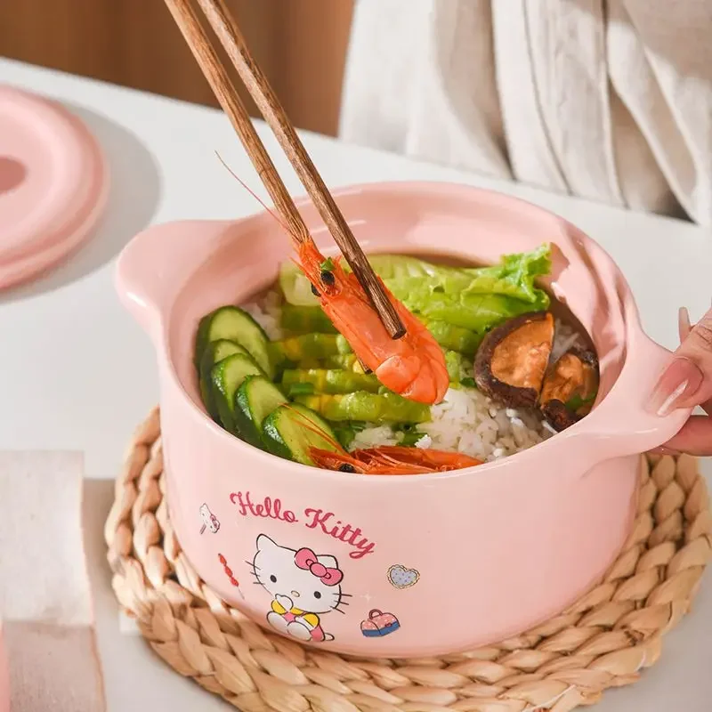 MINISO Hello Kitty ceramic pot Casserole kawaii with lid Good looks Anime figure Can open fire student Cartoon girlfriend gift